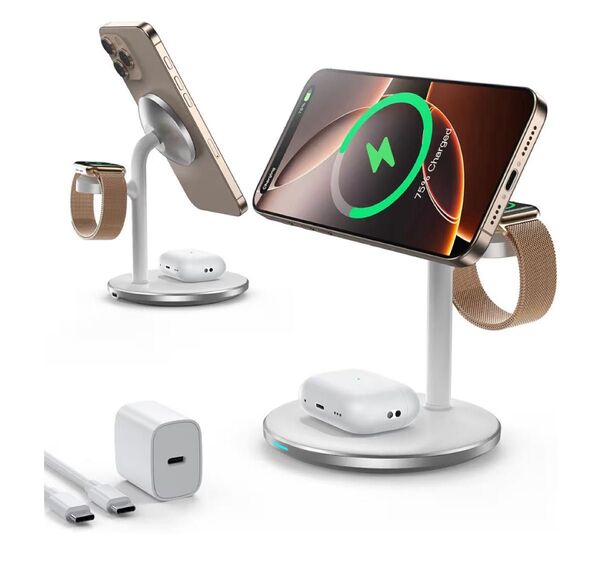 3in1充電器 スタンドmagsafe急速充電器 iPhone/Watch/イヤホン同時充電 20W USB-Cアダプター付属