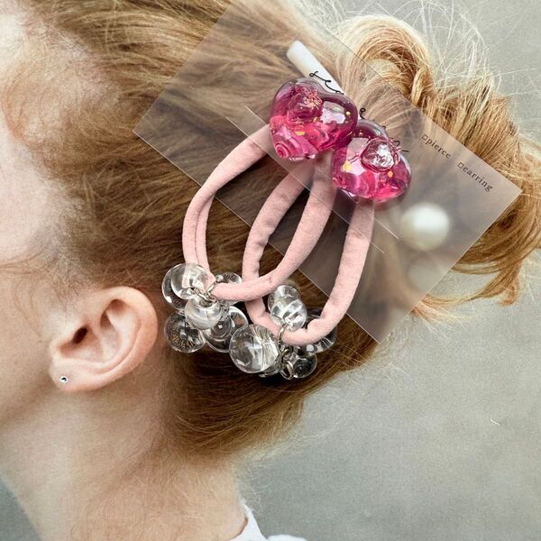 no.1141 つぶつぶさくらんぼ つぶつぶいちご ヘアゴム チェリー イチゴ ハート クリア ヘアアクセサリー キッズ ヘア