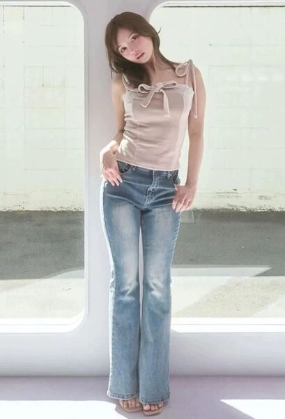 【タグ付き未使用】Andmary Lacey ribbon denim アンドマリー レーシーリボンデニム フレアデニム Sサイズ