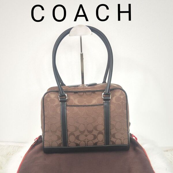 COACH コーチ シグネチャー トートバッグ ハンドバッグ 肩掛け ブラウン キャンバス レザー ミニボストンバッグ