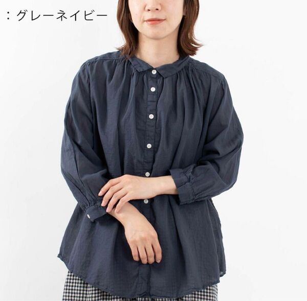 サンバレー ブラウス カットソー ガーゼ素材 リネン ネイビー シャツ 七分袖 8分袖