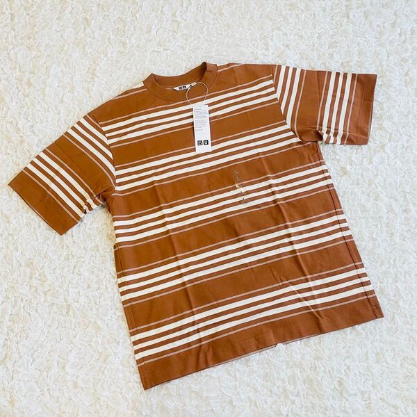 ★新品未使用★【ユニクロ UNIQLO】メンズ 半袖 ボーダー クルーネックTシャツ ベージュ 綿100% L
