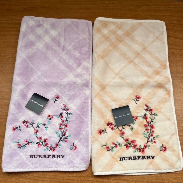 BURBERRY タオルハンカチ 2枚セット 刺繍 花柄 パープル ベージュ 未使用 【出品No.14】