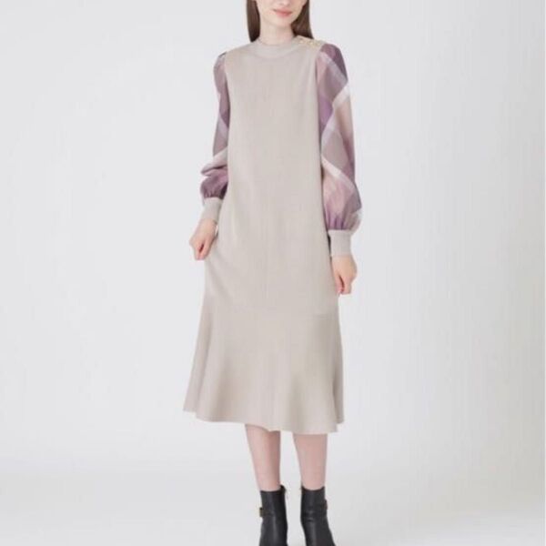 美品 ブルーレーベルクレストブリッジ ニット ロング ワンピース チェック