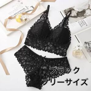 セットアップ ノンワイヤー ブラショーツセット フリーサイズ 新品未使用 レース 上品 下着 ブラジャー 上下セット ブラック 黒