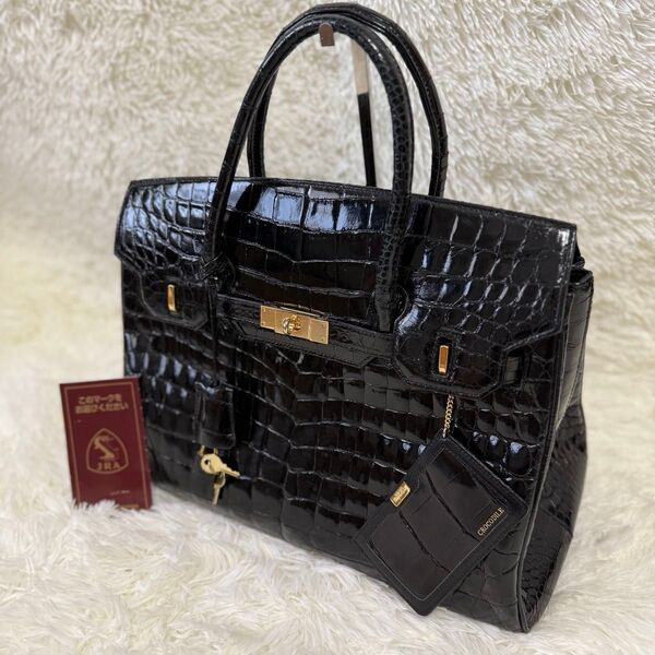 【高級】シャイニング クロコダイル ハンドバッグ トートバッグ ワニ革 クロコ カデナ 鍵 黒 ブラック エキゾチックレザー