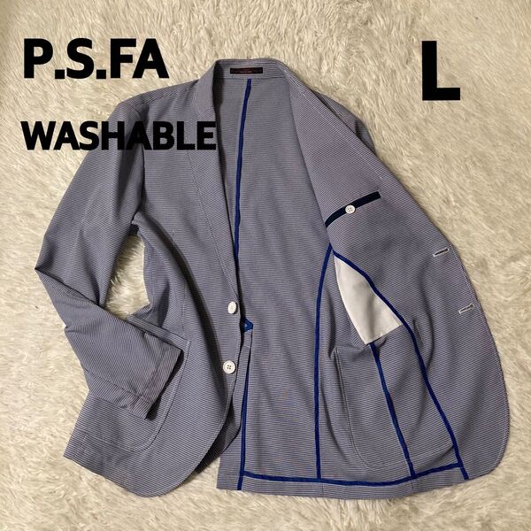 美品 夏らしいP.S.FA WASHABLE 青白チェック テーラードジャケット L