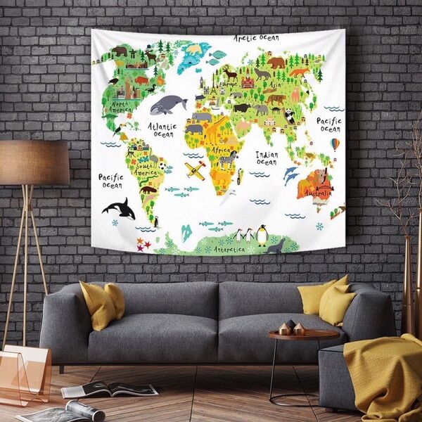 世界地図 タペストリー可愛い動物子供部屋 インテリア布製 150x130