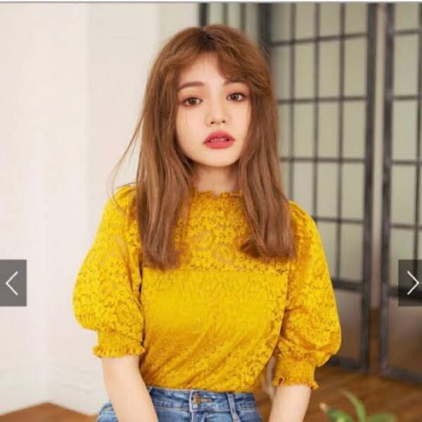 GRL ハイネック パワショル レース トップス M イエロー マスタード