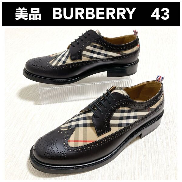 美品 現行タグ BURBERRY バーバリーロンドン ダービーシューズ ドレスシューズ 43 ノバチェック 黒 カーフレザー