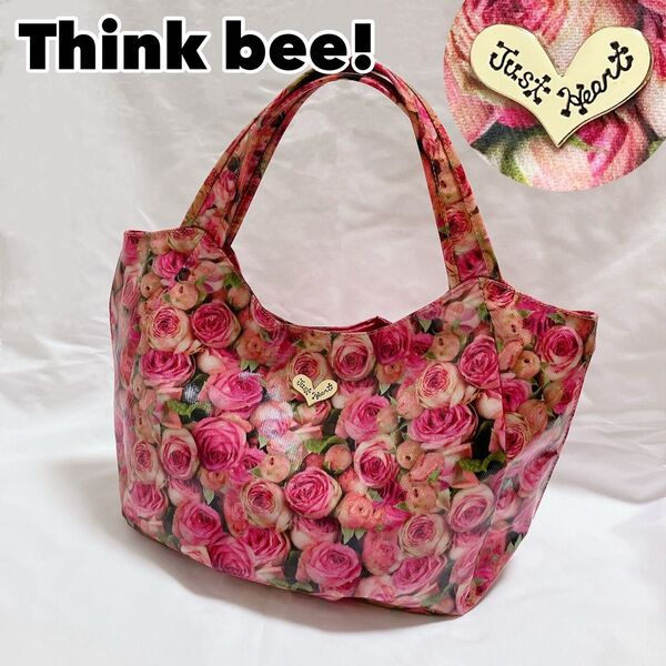 美品 シンクビー ローズボニータ トートバッグ 薔薇 花柄 ピンク ハンドバッグ PVC素材 A4可能 Think Bee
