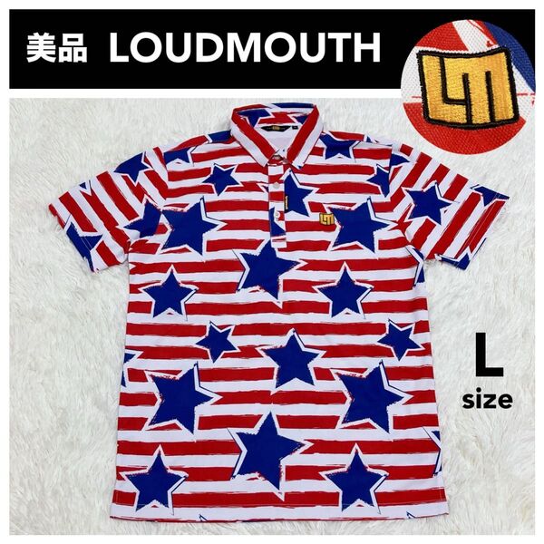 LOUDMOUTH ラウドマウス 半袖ポロシャツ UVカット 接触冷感 メンズ Lサイズ アメリカ国旗 総柄 ゴルフウェア