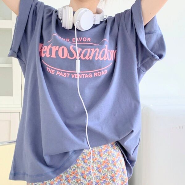 ロゴ Tシャツ パープル系 Mサイズ 新品 韓国 ネイビーブルー ゆったり 半袖 トップス プリント ラベンダー 推し活