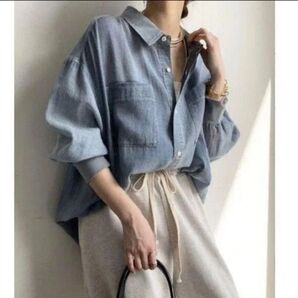 新品☆DOUDOU ドゥドゥ 袖リブシアーデニムシャツ サックスブルー