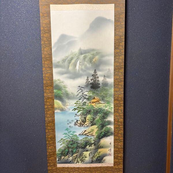 掛け軸 「彩色山水」 玉峰 山水画 共箱