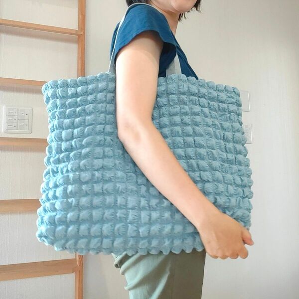 ポップコーンニット くすみ水色 トートバッグ ハンドメイド