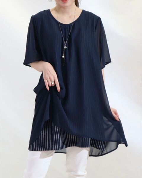 大きいサイズ レディース ストライプ柄シフォンフェイクチュニック 3L