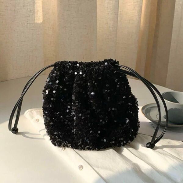 スパンコール ショルダー 巾着 2wayバッグ ブラック