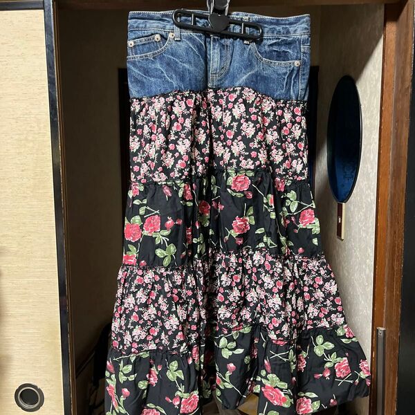 デニム×花柄 異素材切り替えスカート ロングスカート