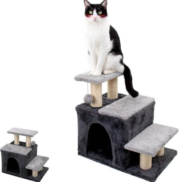 3in1 キャットタワー ミニ 猫 犬 ステップ 階段 シニア猫 高さ48㎝ 据え置き 爪磨き コンパクト 猫タワー
