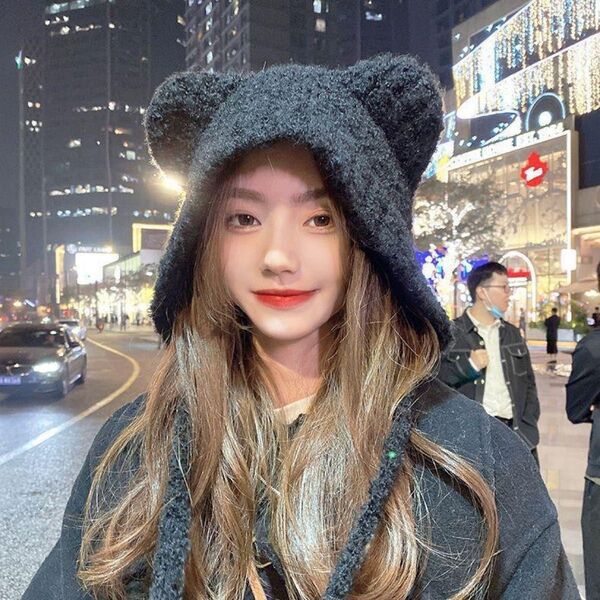 くま耳 ニット帽 グレー ビーニー 猫耳 防寒 温活 韓国 原宿 流行 オルチャン 無地 シンプル 原宿系