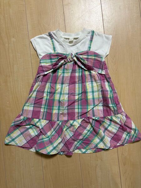 aprs les cours チェック&ストライプ リンクワンピース 90cm 女の子 Tシャツ 半袖 リボン キッズ 子供服