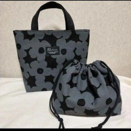 2点セットトートバッグ お弁当袋 大きなフラワー ランチバッグ ハンドメイド 巾着袋 ミニトートバッグ
