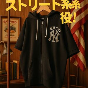 ヤンキース公式!半袖パーカー 黒×4L USA古着
