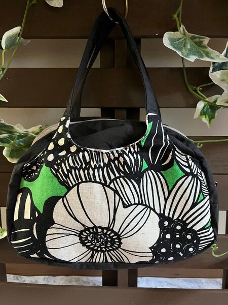 ハンドメイド ボストンバッグ 買い物 通勤 ポケット付き 両開きファスナー 北欧柄 花柄 チェック柄