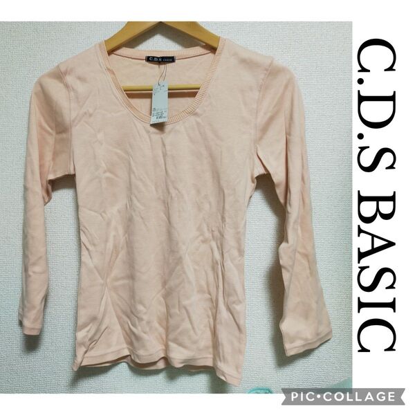 未使用タグ付 C.D.S.BASIC ピンクベージュ 七分袖 カットソー L 淡いサーモンコーラルピンク シンプル ロンTシャツ
