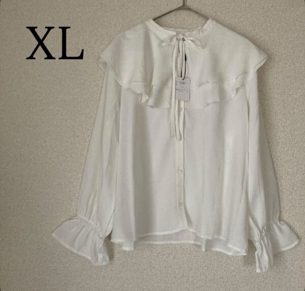 長袖 シフォン ブラウス ラッフルカラー ホワイト シャツ XL トップス