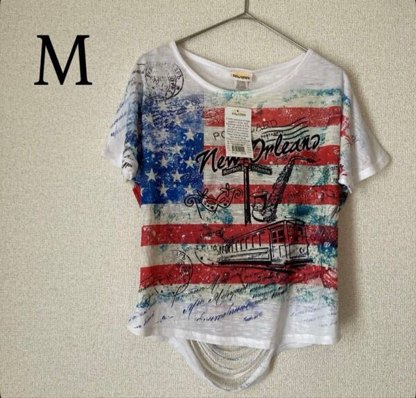 半袖Tシャツ ダメージデザイン アメリカ国旗 アメリカ製 トップス シースルー M ビンテージ プルオーバー