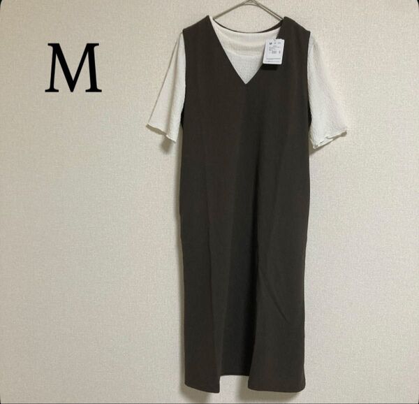 ロングワンピース 半袖Tシャツ ノースリーブワンピ M アンサンブル ブラウン系 無地