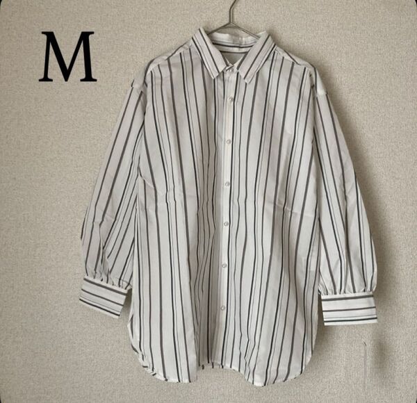 長袖 ストライプシャツ ストレッチ パールボタン チュニック トップス ブラウス M