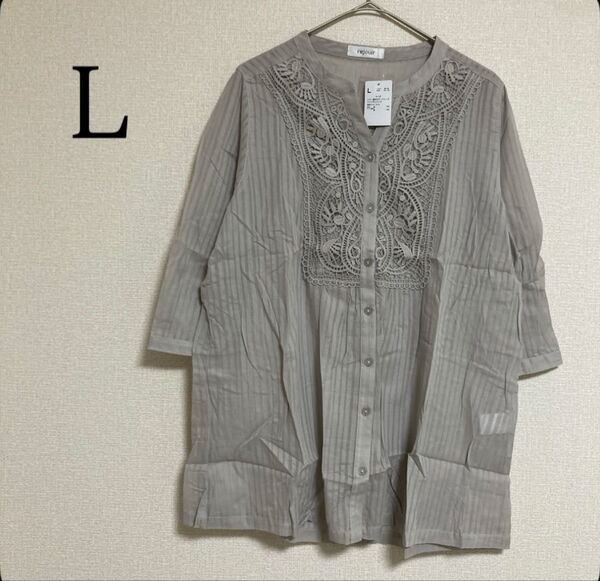 シアーシャツ ブラウス チュニック L 花柄レース グレートップス シースルー シャツ 綿100