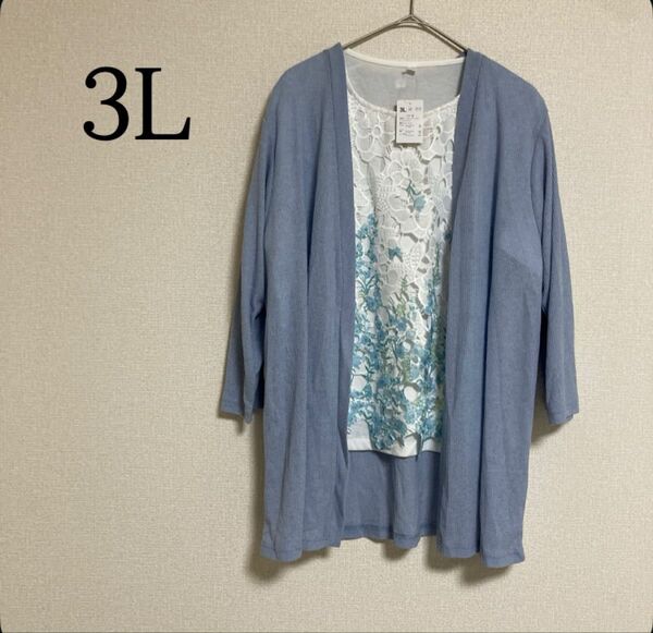半袖 Tシャツ ロングカーディガン アンサンブル 花柄レース カーディガン 3L カーディガン カットソー ブラウス