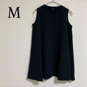 ノースリーブ チュニック フレア トップス カットソー 黒 ゆったり ストレッチ ブラック