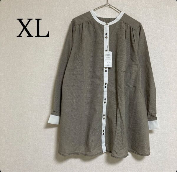 長袖 チュニック シャツ ブラウス ロングシャツ バンドカラー 大きいサイズ チェック柄