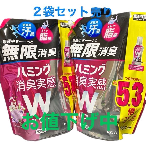 ハミング消臭実感Wパワー デオドラントサボンの香り 柔軟剤 詰替用 2000ml 2袋 詰め替え ハミング 花王 柔軟剤 液体