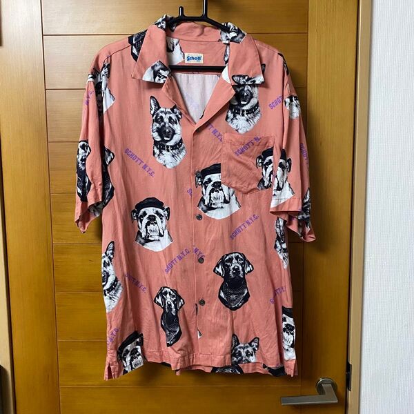 schott ドッグ ショット アロハシャツ 半袖シャツ オープンカラー L 犬柄 タグ付き ハワイアンシャツ