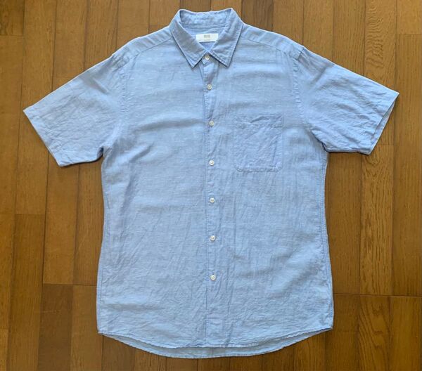 UNIQLO リネンコットンシャツ 半袖 麻混 Lサイズ 青系