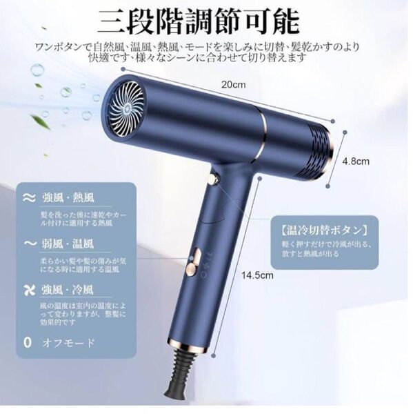 ヘアドライヤー 大風量 速乾 1500W マイナスイオン サロン専用 T字型 軽量 折りたたみ式 パナソニック・リファより安い 青