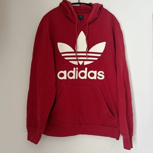 アディダス adidas ビッグロゴ スウェット パーカー ワインレッド M 赤 バーガンディ 古着 前後ロゴ