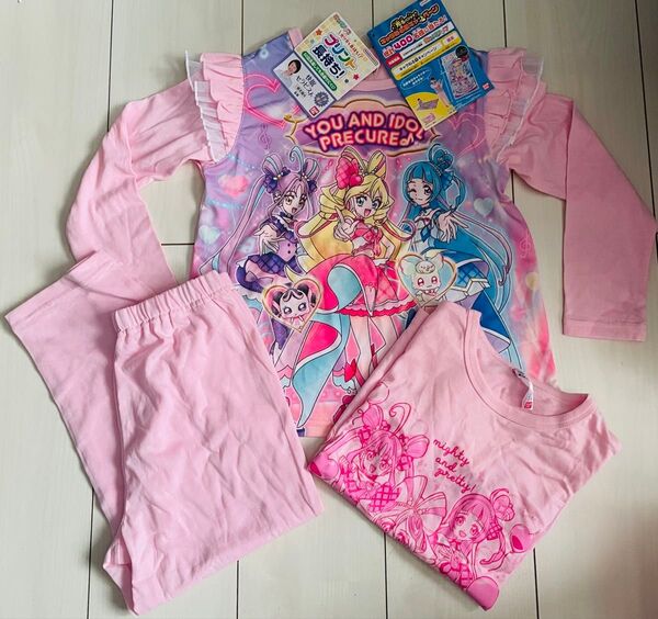 新品 110cm プリキュア 光るパジャマ 半袖 長袖3点セット ピンク