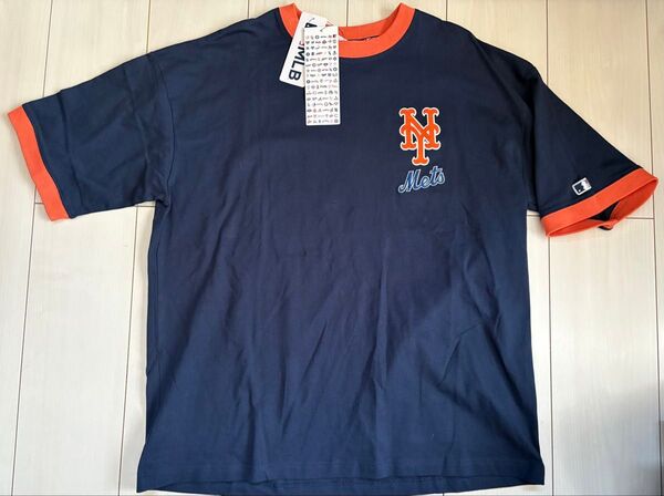 新品 Lサイズ MLB メッツ パイピング 半袖Tシャツ ネイビー