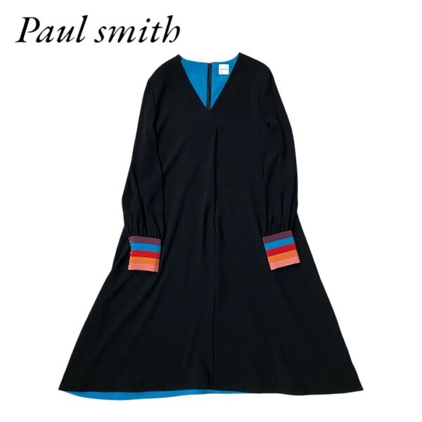 洗濯可 ポールスミス Paul smith Vネック フレアワンピース マルチカラー 長袖 ゆったり 大きいサイズ Lサイズ