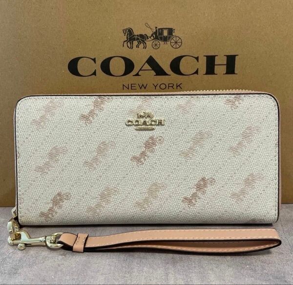 新品 COACH 長財布 コーチ 長財布 レディース シグネチャー ホースアンドキャリッジプリント ホワイト ピンクベージュ