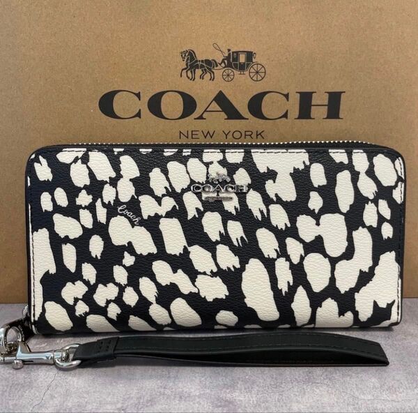 新品 COACH 長財布 コーチ レディース メンズ アニマルプリント ブラック ホワイト モノトーン