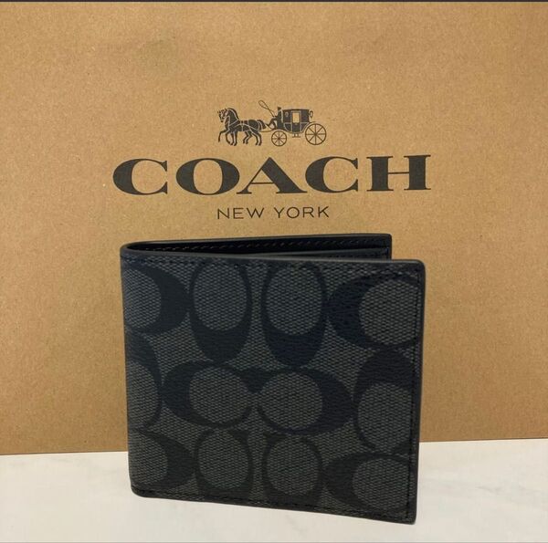 新品 COACH 長財布 コーチ 二つ折り財布 レディース メンズ シンプル ブラック シグネチャー