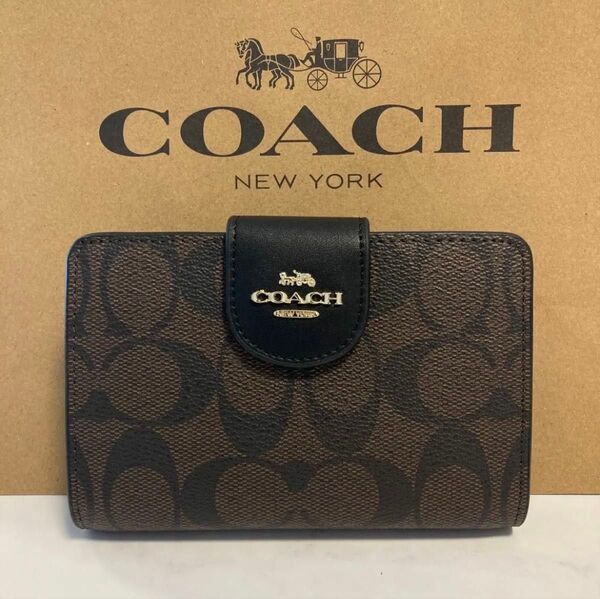 新品 COACH 長財布 コーチ 二つ折り財布 レディース メンズ ブラック ダークブラウン シグネチャー